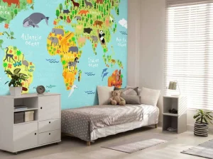 Hot Wereldkaart met verschillende diersoorten fotobehang Kinderkamer | Babykamer