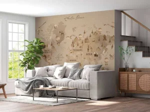 Online Wereldkaart met verschillende dieren taupe Kinderkamer