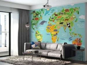 Hot Wereldkaart met verschillende diersoorten fotobehang Kinderkamer | Babykamer