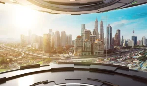 Hot Wereldstad vanuit een futuristische kamer fotobehang Architectuur