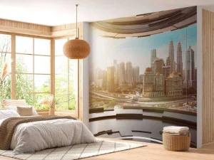 Hot Wereldstad vanuit een futuristische kamer fotobehang Architectuur