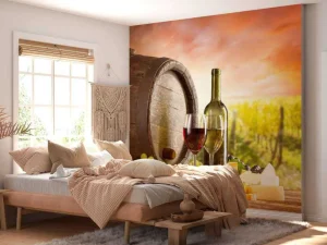 New Wijngaard met wijn en kaas op de voorgrond fotobehang Bloemen