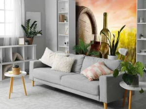New Wijngaard met wijn en kaas op de voorgrond fotobehang Bloemen