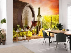 New Wijngaard met wijn en kaas op de voorgrond fotobehang Bloemen