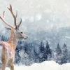 Fashion Winter Hert met Groen bos achtergrond fotobehang Dieren