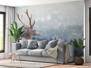 Fashion Winter Hert met Groen bos achtergrond fotobehang Dieren