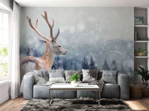 Fashion Winter Hert met Groen bos achtergrond fotobehang Dieren