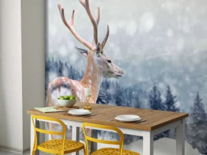 Fashion Winter Hert met Groen bos achtergrond fotobehang Dieren