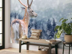 Fashion Winter Hert met Groen bos achtergrond fotobehang Dieren