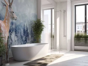 Fashion Winter Hert met Groen bos achtergrond fotobehang Dieren