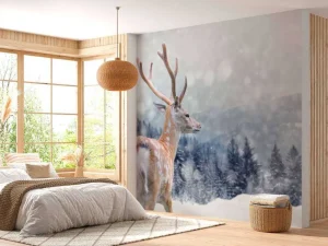 Fashion Winter Hert met Groen bos achtergrond fotobehang Dieren