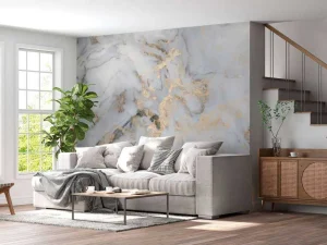 Online Wit natuursteen met goud fotobehang Gang