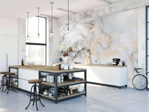 Online Wit natuursteen met goud fotobehang Gang