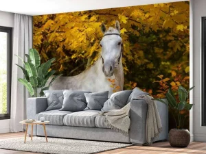 Sale Wit Paard in de Herfst fotobehang Bloemen