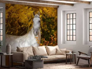Sale Wit Paard in de Herfst fotobehang Bloemen