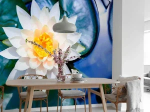 Discount Witte lotusbloem met gele kern fotobehang Bloemen