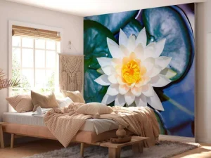 Discount Witte lotusbloem met gele kern fotobehang Bloemen