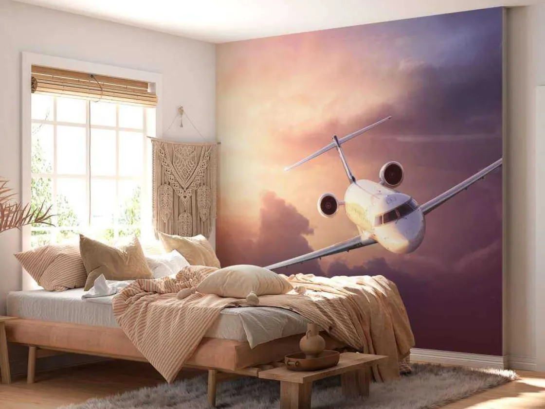 witte_vliegtuig_bij_zonso_1.webp Clearance Witte vliegtuig bij zonsondergang fotobehang Tienerkamer | Transport