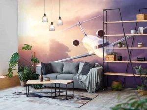 Clearance Witte vliegtuig bij zonsondergang fotobehang Tienerkamer | Transport