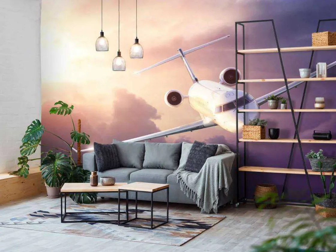 witte_vliegtuig_bij_zonso_10.webp Clearance Witte vliegtuig bij zonsondergang fotobehang Tienerkamer | Transport