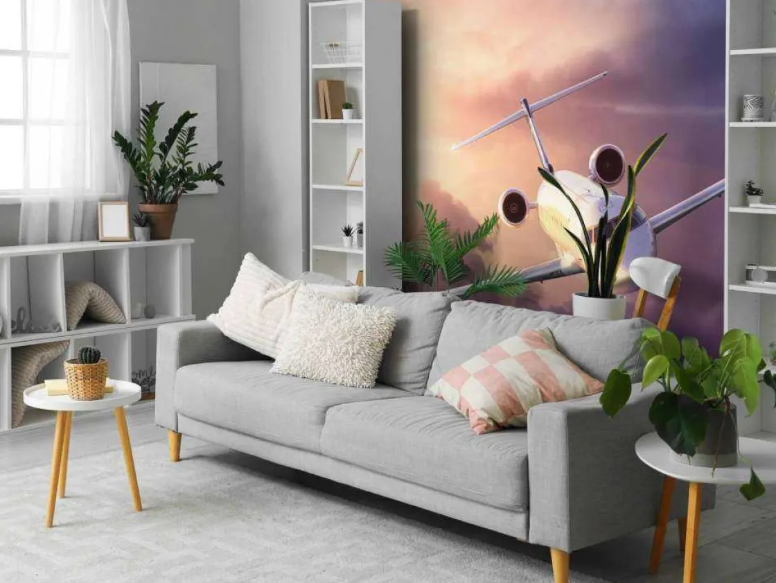 witte_vliegtuig_bij_zonso_2.webp Clearance Witte vliegtuig bij zonsondergang fotobehang Tienerkamer | Transport