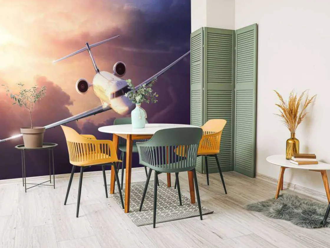 witte_vliegtuig_bij_zonso_3.webp Clearance Witte vliegtuig bij zonsondergang fotobehang Tienerkamer | Transport