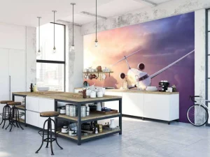 Clearance Witte vliegtuig bij zonsondergang fotobehang Tienerkamer | Transport