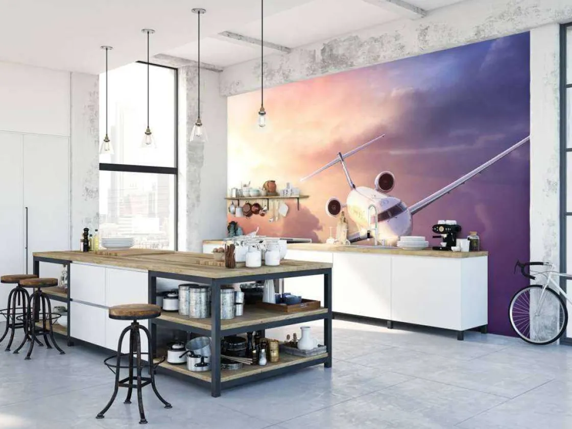 witte_vliegtuig_bij_zonso_8.webp Clearance Witte vliegtuig bij zonsondergang fotobehang Tienerkamer | Transport