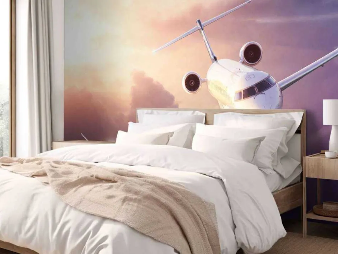 witte_vliegtuig_bij_zonso_9.webp Clearance Witte vliegtuig bij zonsondergang fotobehang Tienerkamer | Transport