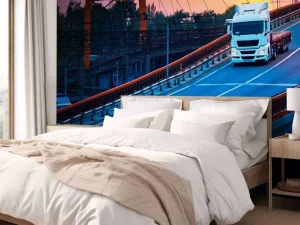Best Witte vrachtwagen bij zonsondergang fotobehang Tienerkamer | Architectuur