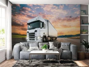 Clearance Witte vrachtwagen op de snelweg bij zonsondergang fotobehang Tienerkamer | Kinderkamer