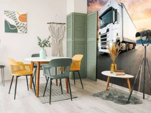 Clearance Witte vrachtwagen op de snelweg bij zonsondergang fotobehang Tienerkamer | Kinderkamer
