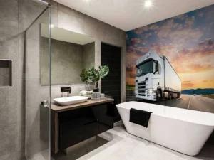 Clearance Witte vrachtwagen op de snelweg bij zonsondergang fotobehang Tienerkamer | Kinderkamer