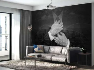 Sale Zakenman met een wereldstad op de achtergrond fotobehang Architectuur