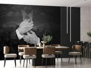 Sale Zakenman met een wereldstad op de achtergrond fotobehang Architectuur
