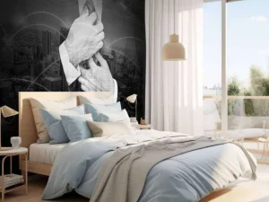 Sale Zakenman met een wereldstad op de achtergrond fotobehang Architectuur
