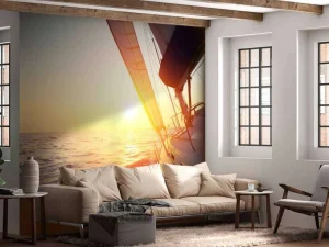 Online Zeilboot bij zonsondergang fotobehang Transport