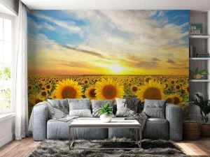 Hot Zonnebloemen bij zonsopkomst fotobehang Bloemen