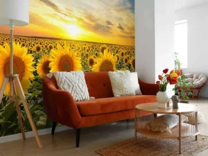 Hot Zonnebloemen bij zonsopkomst fotobehang Bloemen