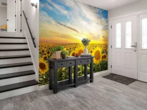 Hot Zonnebloemen bij zonsopkomst fotobehang Bloemen