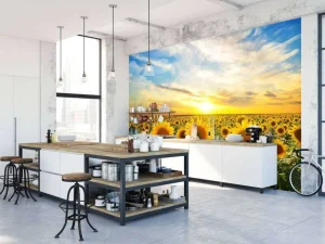 Hot Zonnebloemen bij zonsopkomst fotobehang Bloemen
