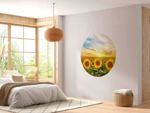 Hot Zonnebloemen bij zonsopkomst fotobehang Bloemen