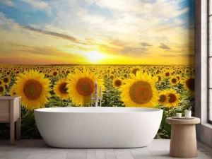 Hot Zonnebloemen bij zonsopkomst fotobehang Bloemen