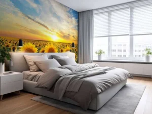 Hot Zonnebloemen bij zonsopkomst fotobehang Bloemen