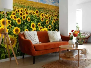 Sale Zonnebloemveld onder een heldere lucht fotobehang Bloemen