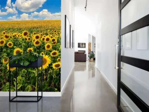 Sale Zonnebloemveld onder een heldere lucht fotobehang Bloemen