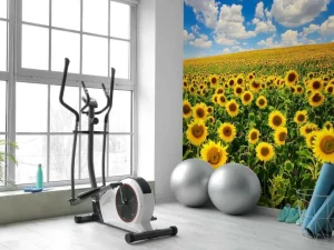 Sale Zonnebloemveld onder een heldere lucht fotobehang Bloemen