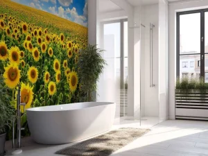 Sale Zonnebloemveld onder een heldere lucht fotobehang Bloemen