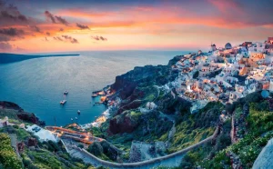 Best Zonsondergang op Santorini fotobehang Architectuur