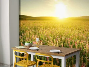 Fashion Zonsopkomst bij een bloemenveld fotobehang Bloemen
